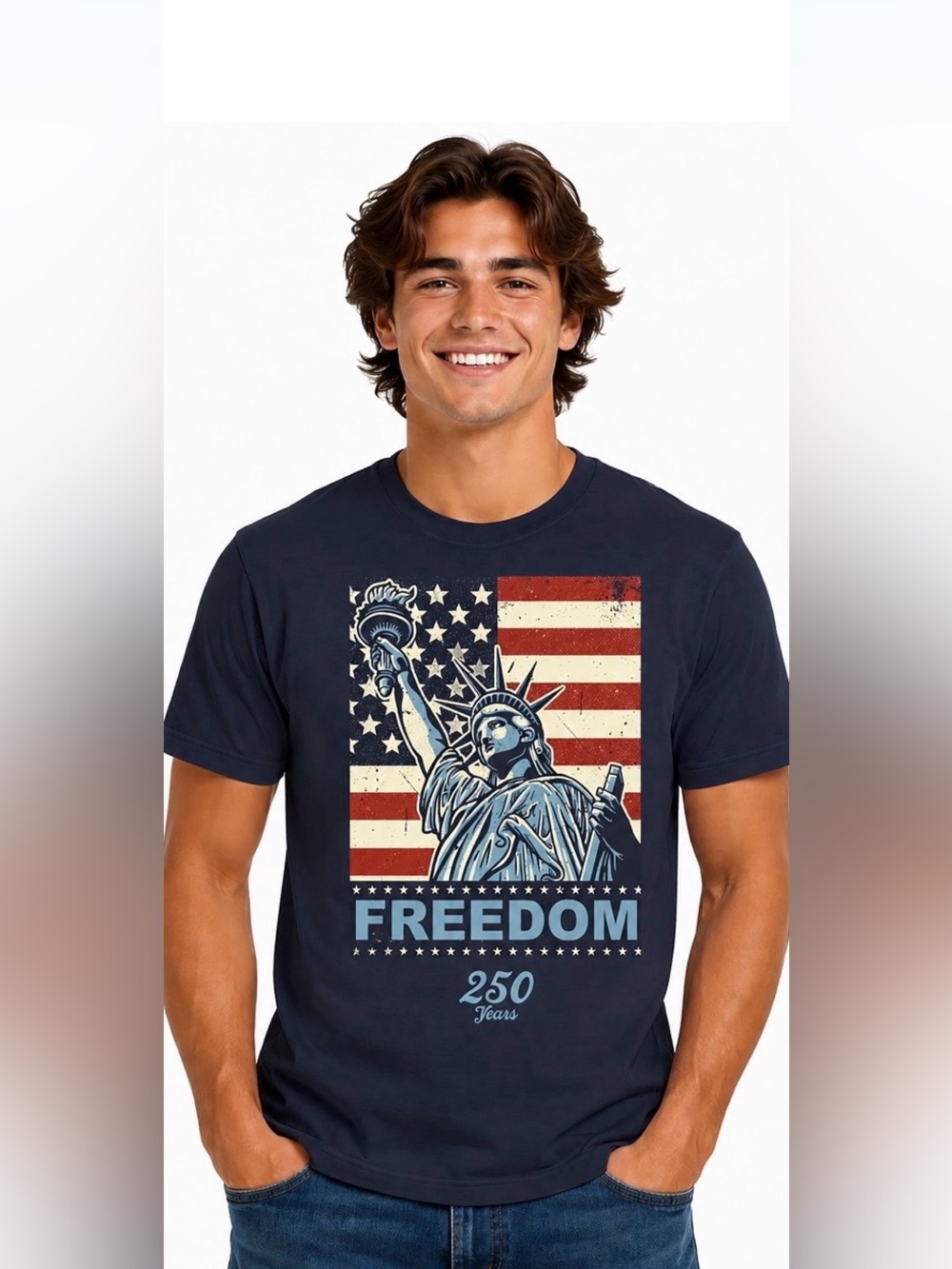 USA 250 years Freedom Lady Liberty Glow in the dark Navy T-shirt, Medium NEW NWT